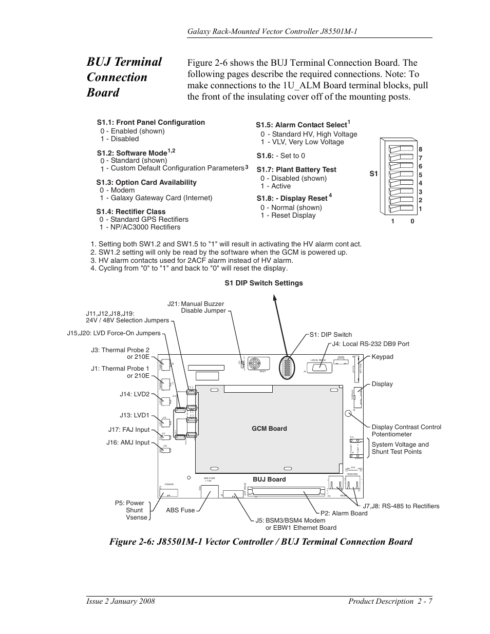 Buj terminal connection board, Connection board, S1.2: software mode | GE Industrial Solutions Galaxy Vector Rack Mounted Controller J85501M-1 User Manual | Page 21 / 90