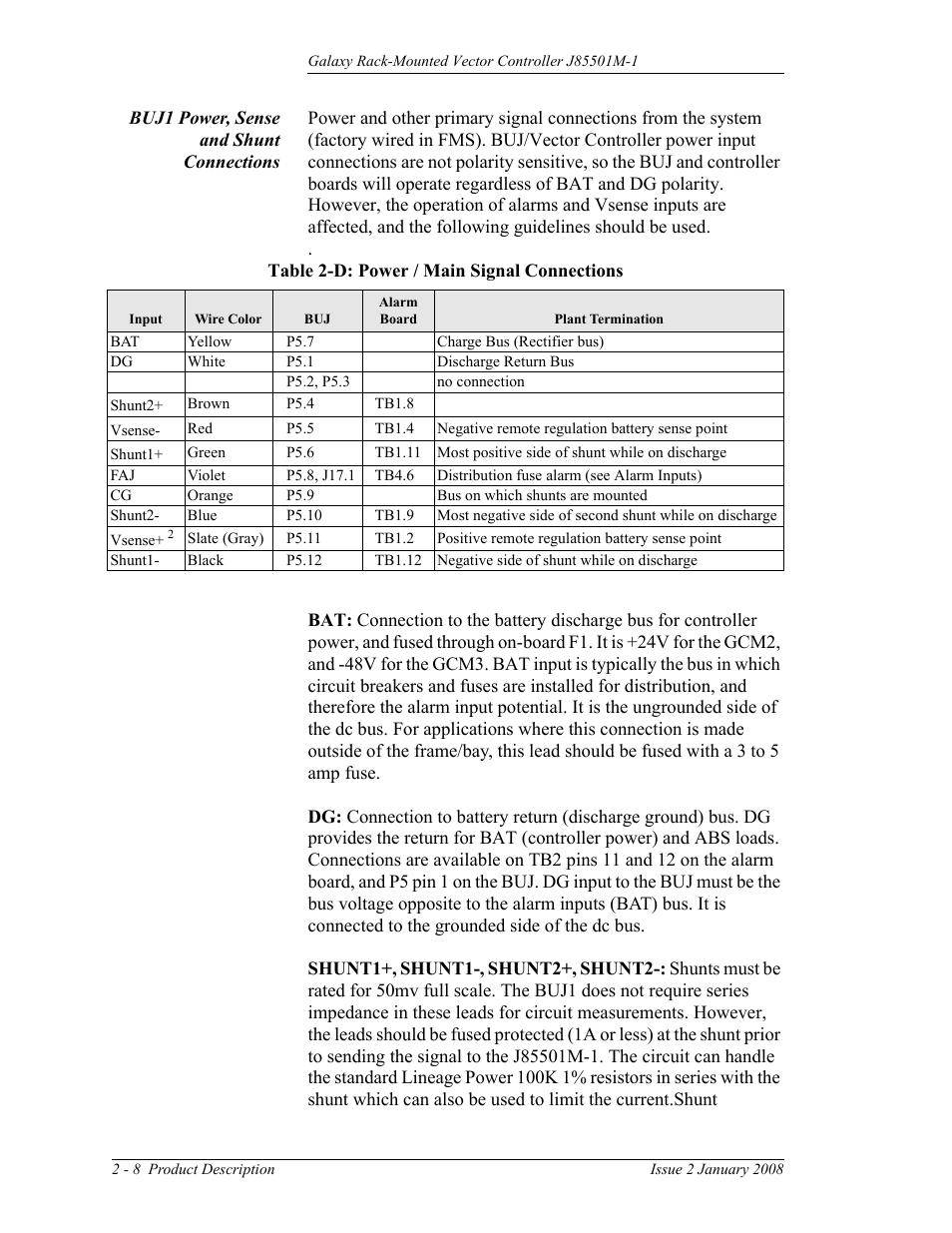 Buj1 power, sense and shunt connections, Table 2-d: power / main signal connections | GE Industrial Solutions Galaxy Vector Rack Mounted Controller J85501M-1 User Manual | Page 22 / 90