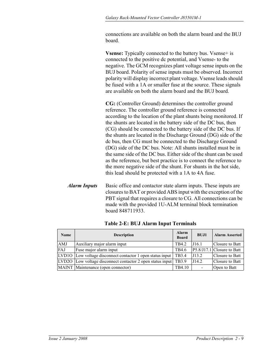 Alarm inputs, Table 2-e: buj alarm input terminals | GE Industrial Solutions Galaxy Vector Rack Mounted Controller J85501M-1 User Manual | Page 23 / 90