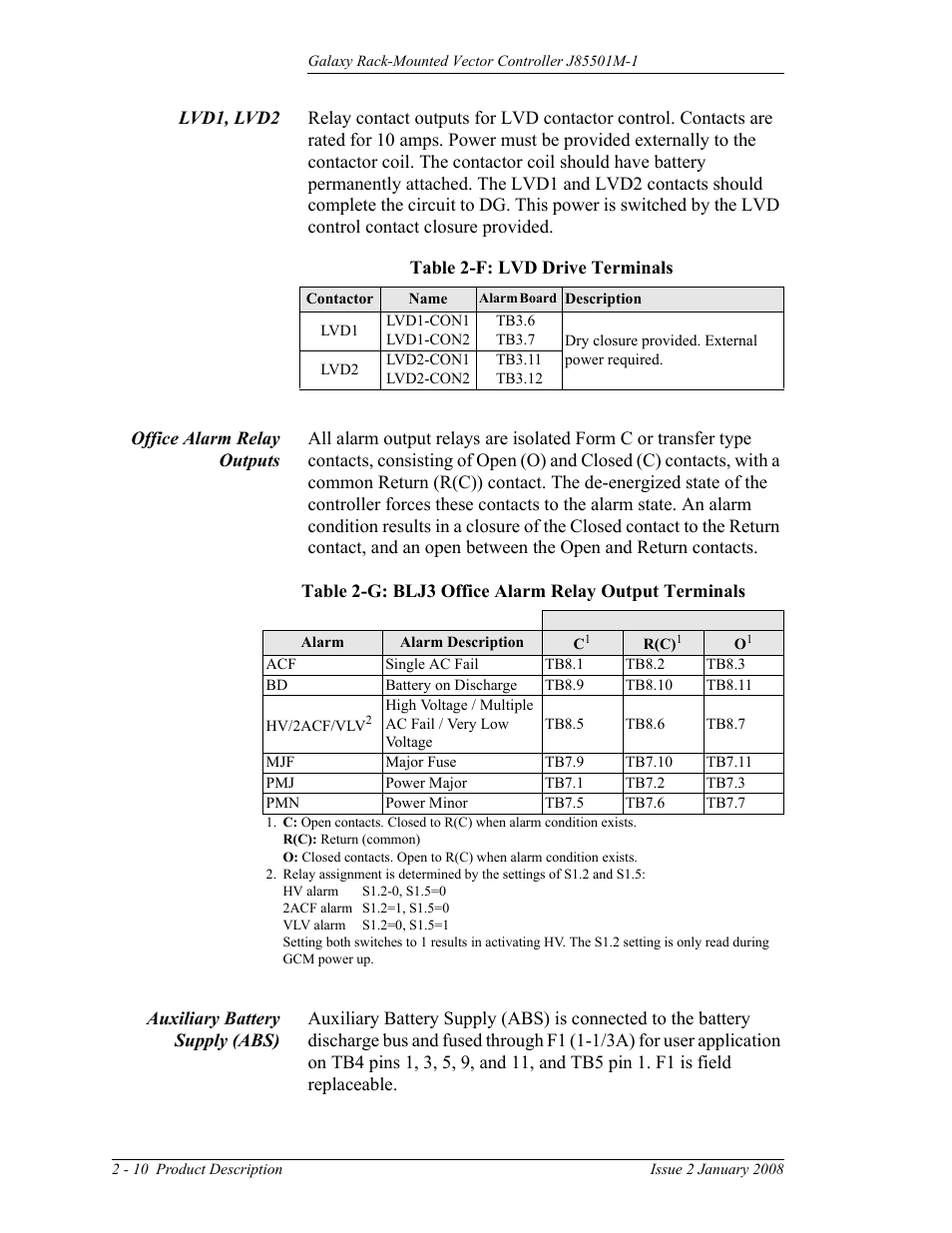 Lvd1, lvd2, Office alarm relay outputs, Auxiliary battery supply (abs) | Table 2-f: lvd drive terminals | GE Industrial Solutions Galaxy Vector Rack Mounted Controller J85501M-1 User Manual | Page 24 / 90