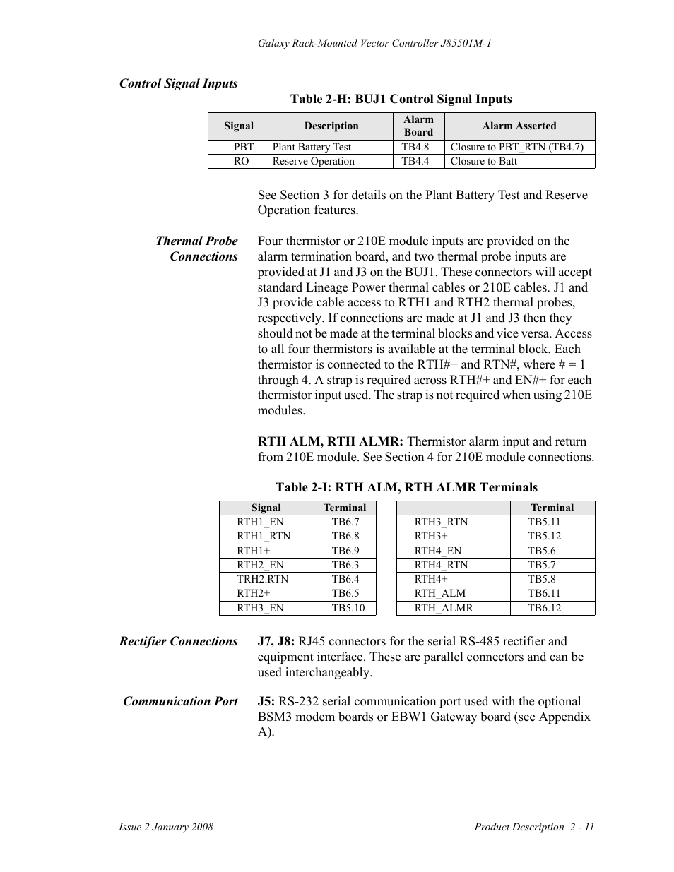 Control signal inputs, Thermal probe connections, Rectifier connections | Communication port, Table 2-h: buj1 control signal inputs, Table 2-i: rth alm, rth almr terminals | GE Industrial Solutions Galaxy Vector Rack Mounted Controller J85501M-1 User Manual | Page 25 / 90