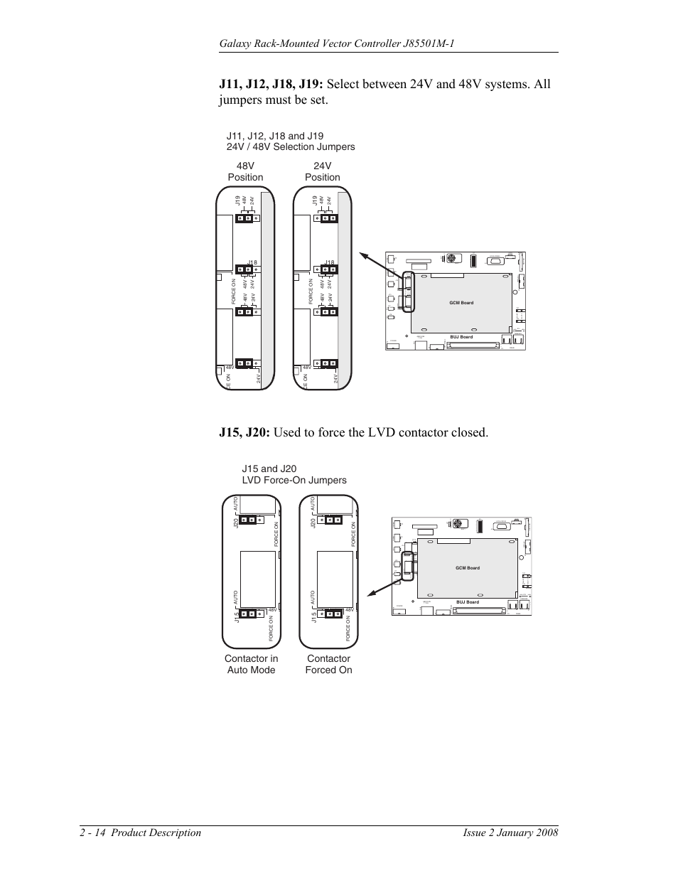 J15, j20: used to force the lvd contactor closed, Hdr1 hdr2, Red/rojo blk/negro pl ant v shunt | GE Industrial Solutions Galaxy Vector Rack Mounted Controller J85501M-1 User Manual | Page 28 / 90