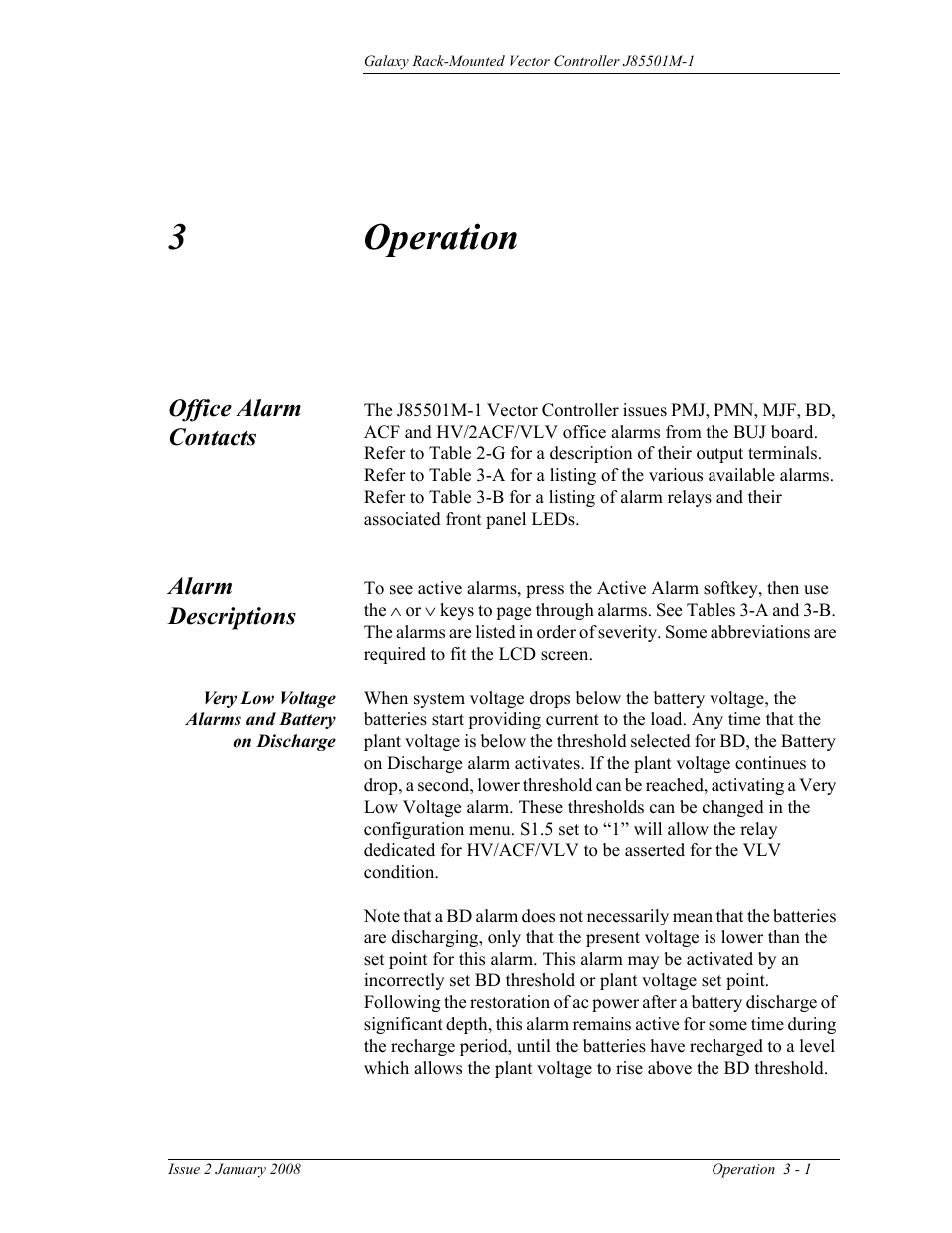 Operation, Office alarm contacts, Alarm descriptions | Very low voltage alarms and battery on discharge, 3 operation, 3operation | GE Industrial Solutions Galaxy Vector Rack Mounted Controller J85501M-1 User Manual | Page 29 / 90