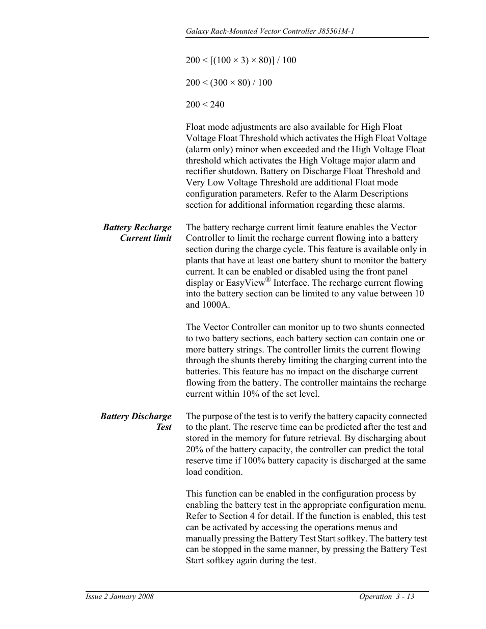 Battery recharge current limit, Battery discharge test | GE Industrial Solutions Galaxy Vector Rack Mounted Controller J85501M-1 User Manual | Page 41 / 90