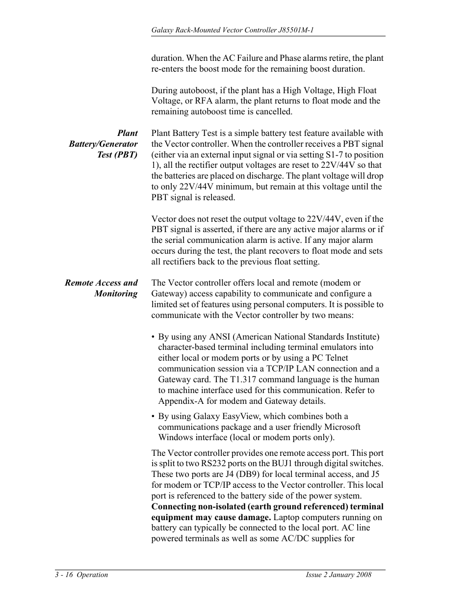 Plant battery/generator test (pbt), Remote access and monitoring | GE Industrial Solutions Galaxy Vector Rack Mounted Controller J85501M-1 User Manual | Page 44 / 90