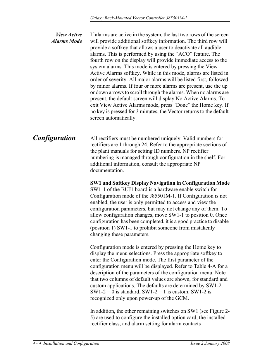 View active alarms mode, Configuration | GE Industrial Solutions Galaxy Vector Rack Mounted Controller J85501M-1 User Manual | Page 50 / 90