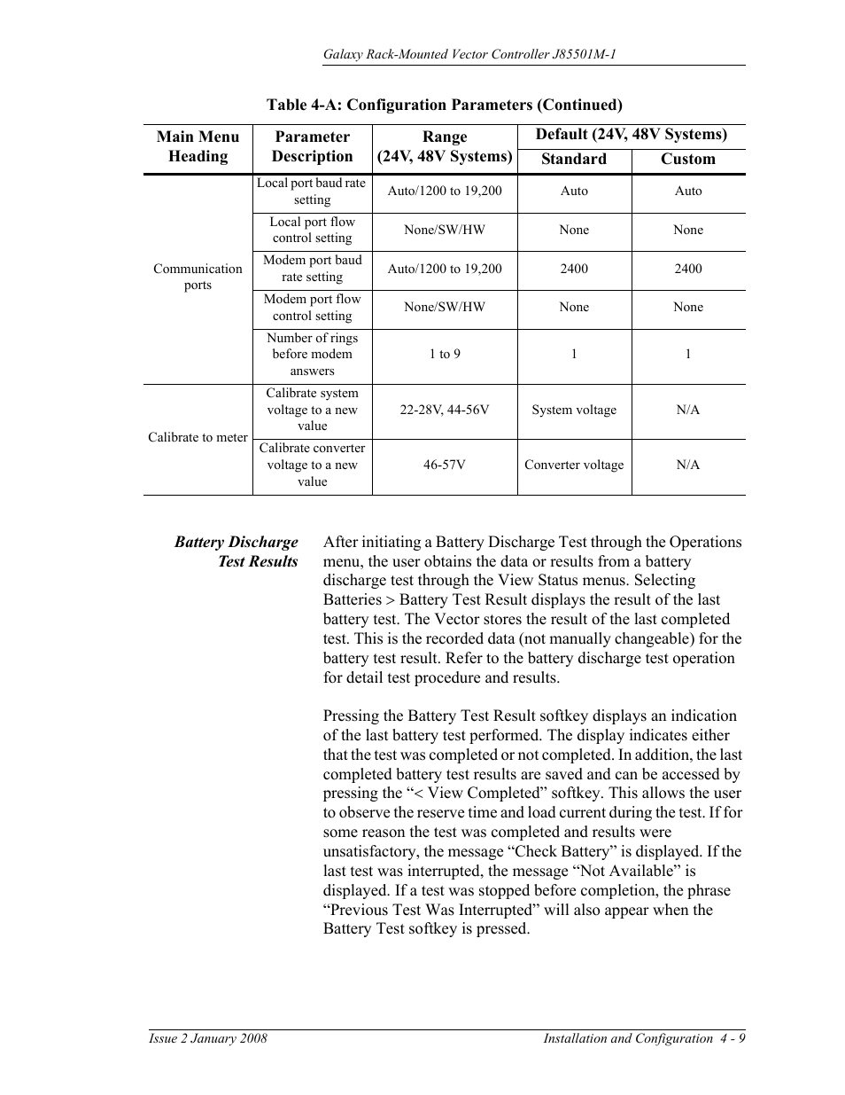 Battery discharge test results | GE Industrial Solutions Galaxy Vector Rack Mounted Controller J85501M-1 User Manual | Page 55 / 90