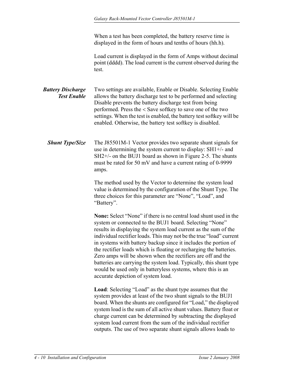 Battery discharge test enable, Shunt type/size | GE Industrial Solutions Galaxy Vector Rack Mounted Controller J85501M-1 User Manual | Page 56 / 90