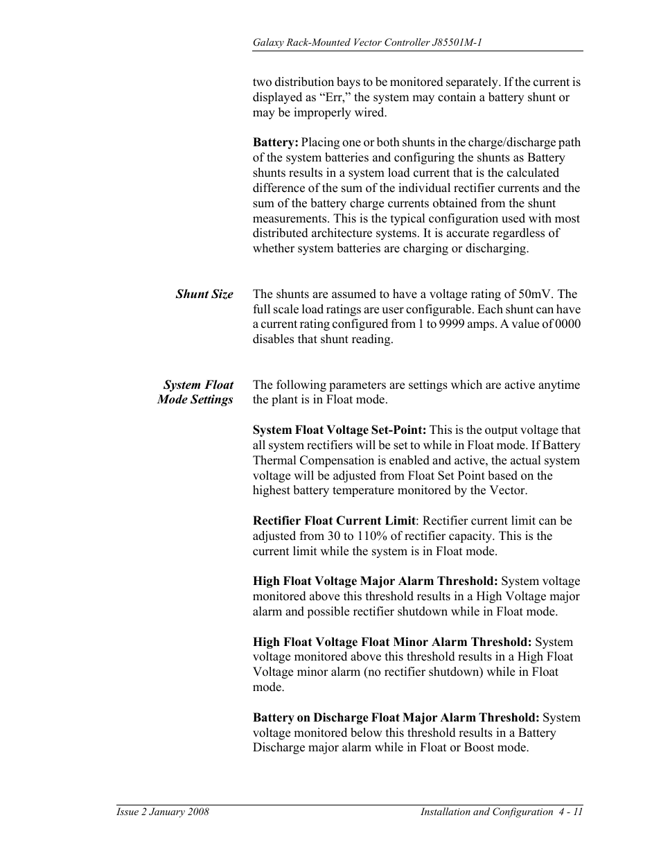 Shunt size, System float mode settings | GE Industrial Solutions Galaxy Vector Rack Mounted Controller J85501M-1 User Manual | Page 57 / 90