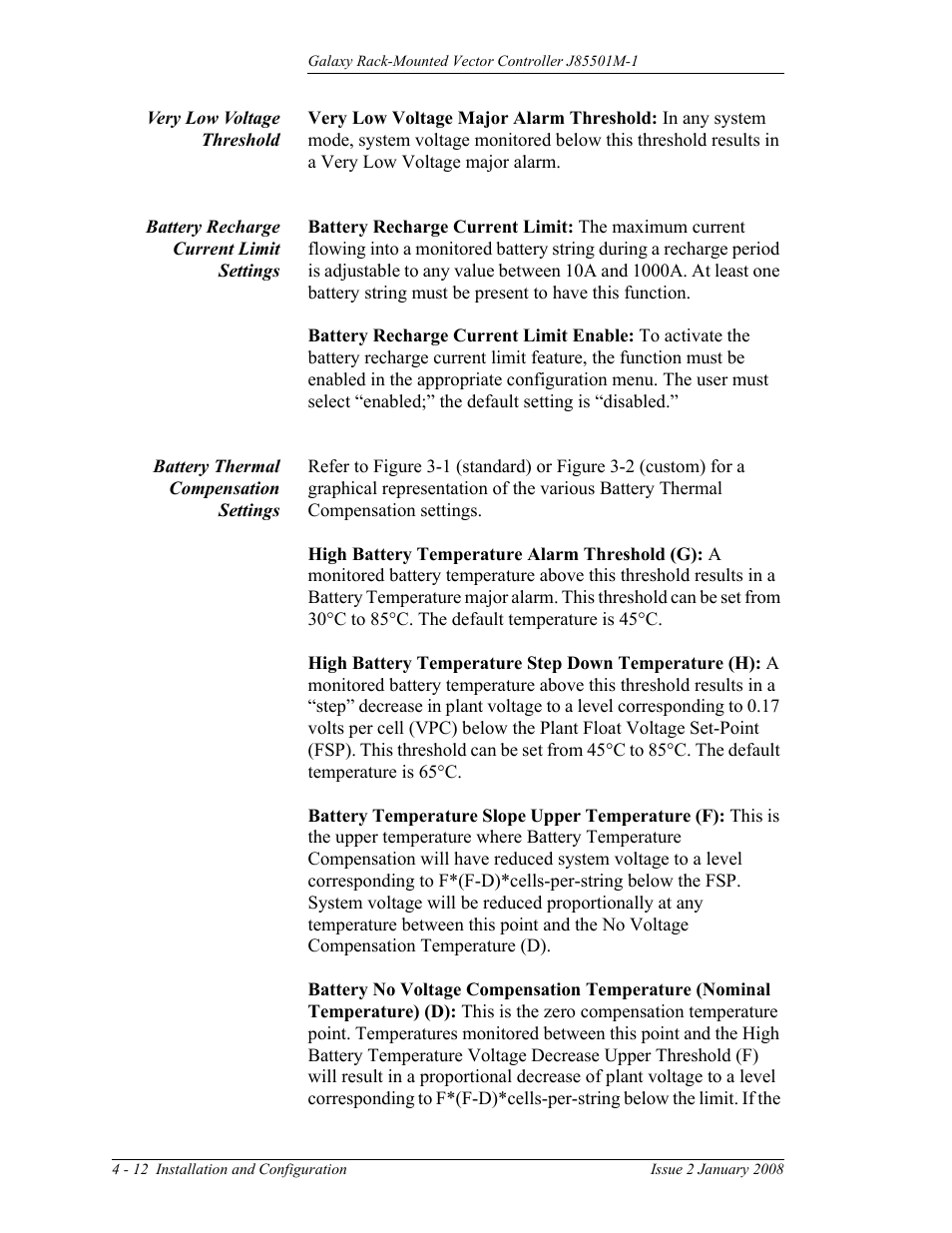 Very low voltage threshold, Battery recharge current limit settings, Battery thermal compensation settings | GE Industrial Solutions Galaxy Vector Rack Mounted Controller J85501M-1 User Manual | Page 58 / 90