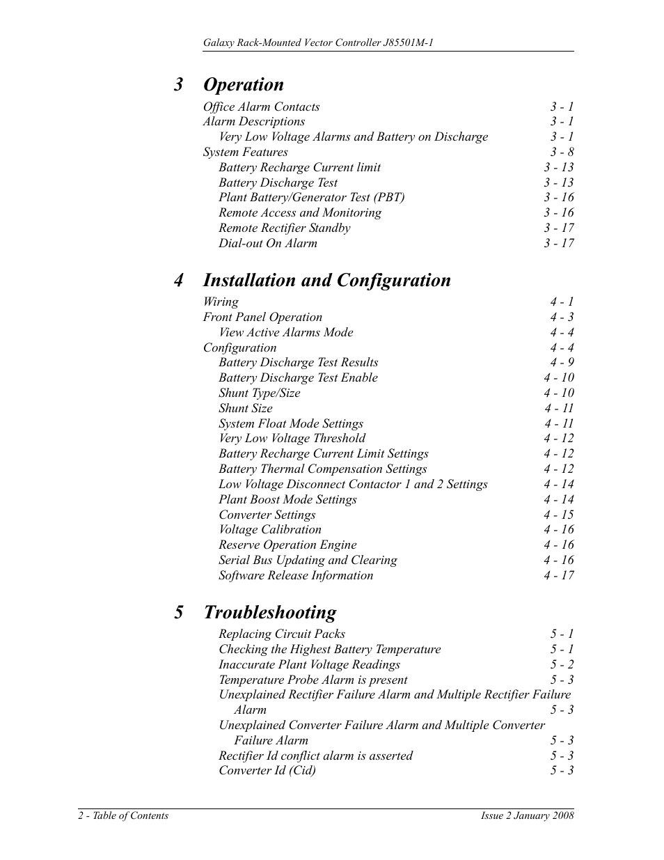 3 operation, 4 installation and configuration, 5 troubleshooting | GE Industrial Solutions Galaxy Vector Rack Mounted Controller J85501M-1 User Manual | Page 6 / 90