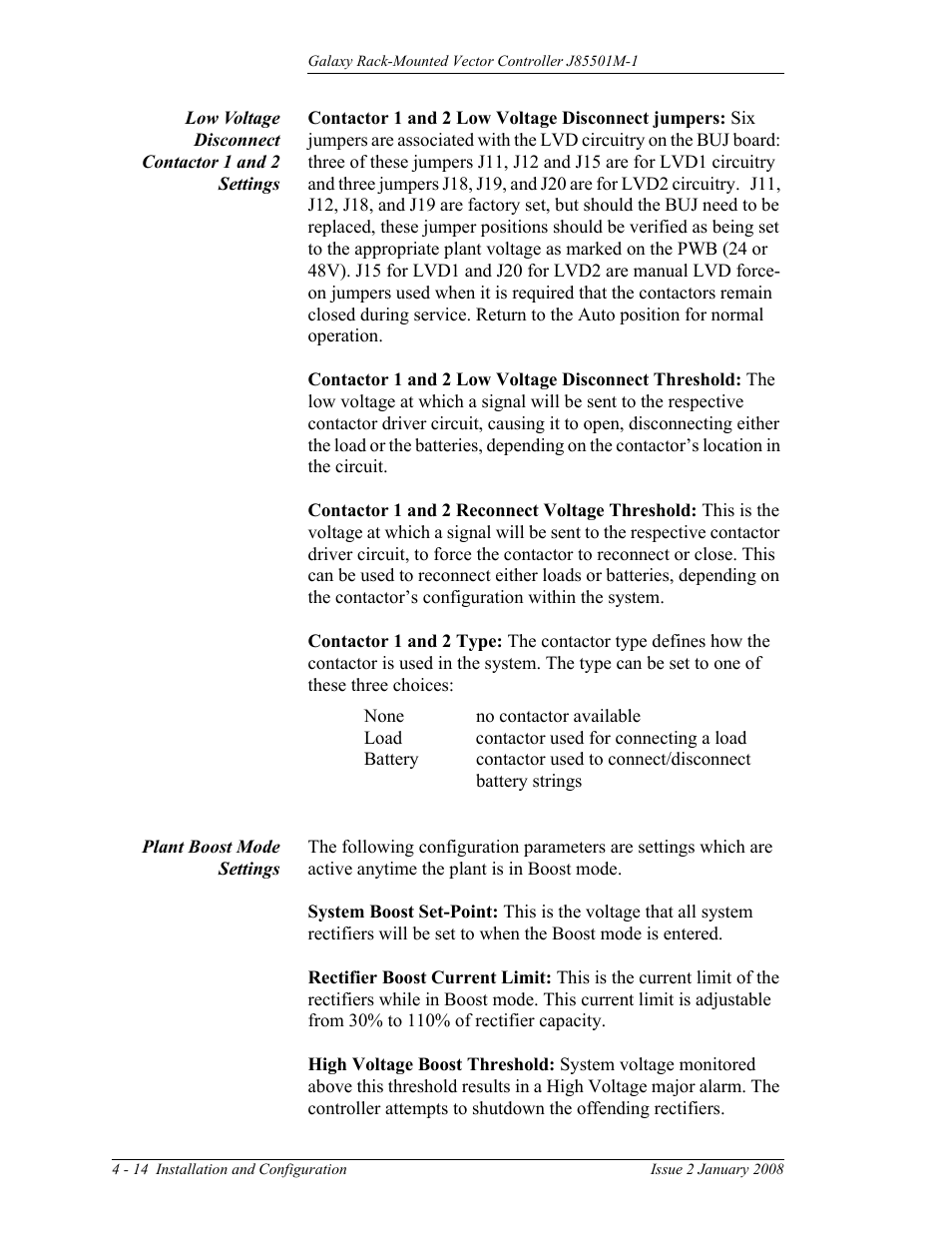 Low voltage disconnect contactor 1 and 2 settings, Plant boost mode settings | GE Industrial Solutions Galaxy Vector Rack Mounted Controller J85501M-1 User Manual | Page 60 / 90