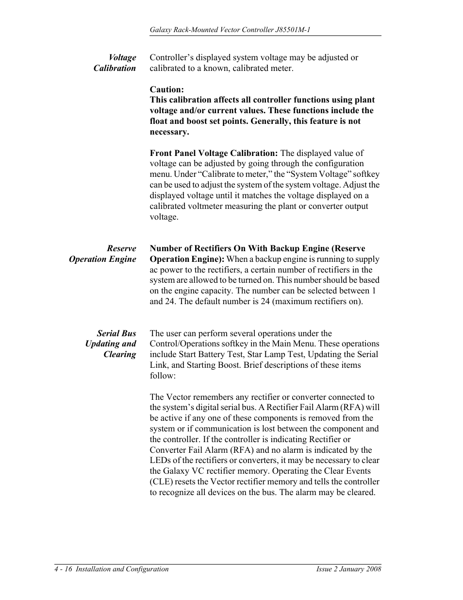 Voltage calibration, Reserve operation engine, Serial bus updating and clearing | GE Industrial Solutions Galaxy Vector Rack Mounted Controller J85501M-1 User Manual | Page 62 / 90