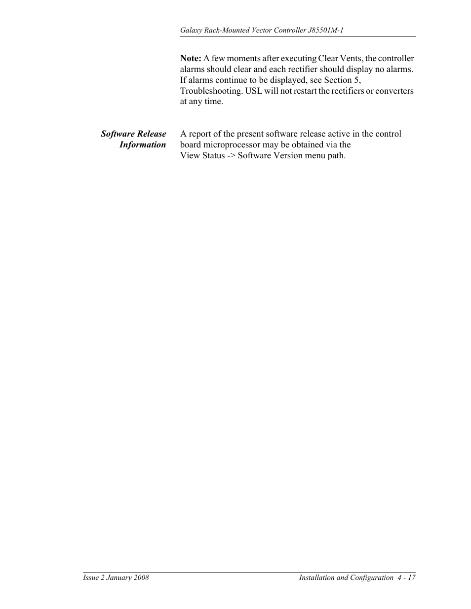 Software release information | GE Industrial Solutions Galaxy Vector Rack Mounted Controller J85501M-1 User Manual | Page 63 / 90