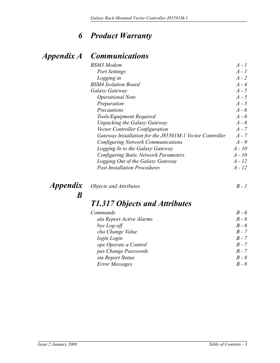 6 product warranty appendix a communications, Appendix b, T1.317 objects and attributes | GE Industrial Solutions Galaxy Vector Rack Mounted Controller J85501M-1 User Manual | Page 7 / 90