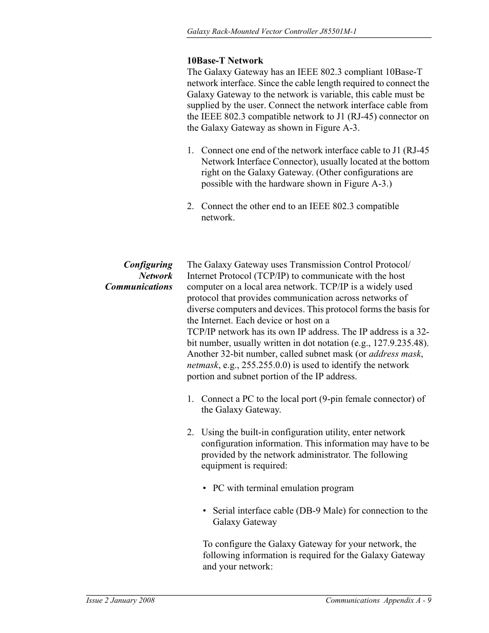 Configuring network communications, A - 9 | GE Industrial Solutions Galaxy Vector Rack Mounted Controller J85501M-1 User Manual | Page 79 / 90