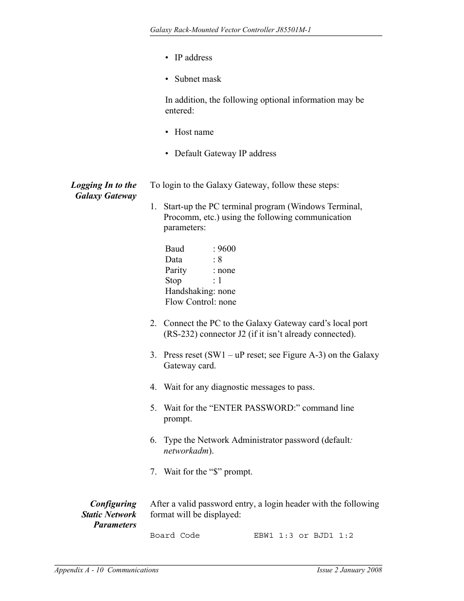 Logging in to the galaxy gateway, Configuring static network parameters, A - 10 | GE Industrial Solutions Galaxy Vector Rack Mounted Controller J85501M-1 User Manual | Page 80 / 90