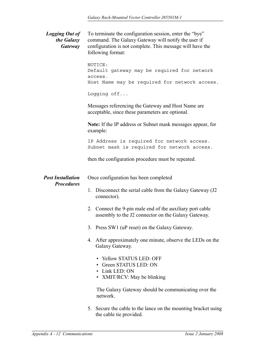 Logging out of the galaxy gateway, Post installation procedures, A - 12 | GE Industrial Solutions Galaxy Vector Rack Mounted Controller J85501M-1 User Manual | Page 82 / 90