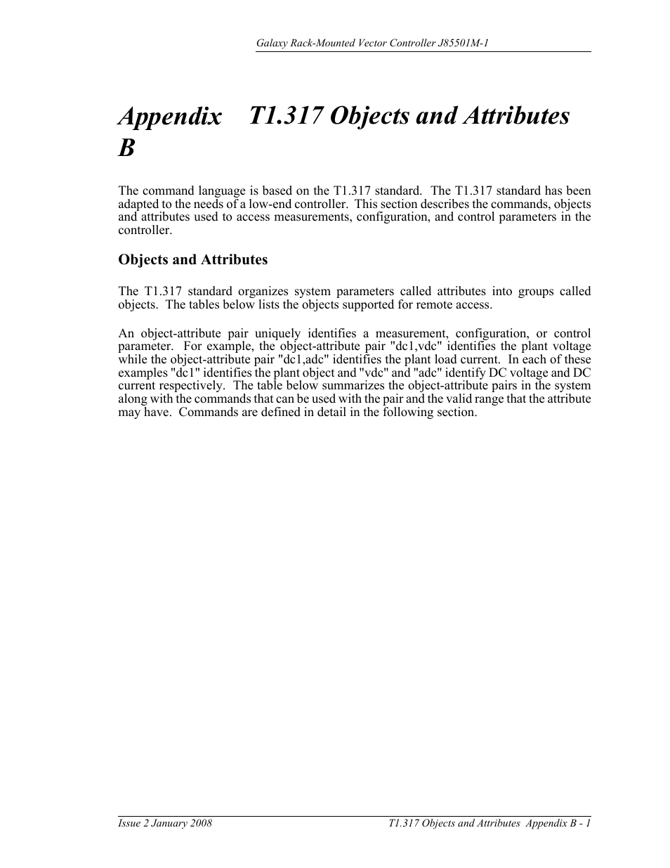 T1.317 objects and attributes, Objects and attributes, Appendix | B - 1 | GE Industrial Solutions Galaxy Vector Rack Mounted Controller J85501M-1 User Manual | Page 83 / 90