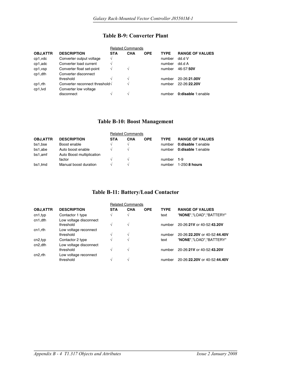 Table b-9: converter plant, B - 4, Table b-10: boost management | Table b-11: battery/load contactor | GE Industrial Solutions Galaxy Vector Rack Mounted Controller J85501M-1 User Manual | Page 86 / 90