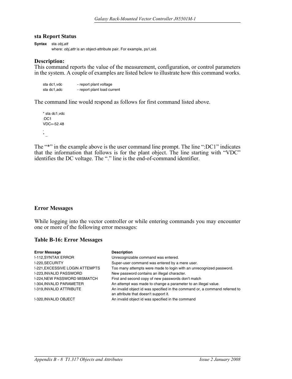 Sta report status, Error messages, B - 8 | Table b-16: error messages | GE Industrial Solutions Galaxy Vector Rack Mounted Controller J85501M-1 User Manual | Page 90 / 90