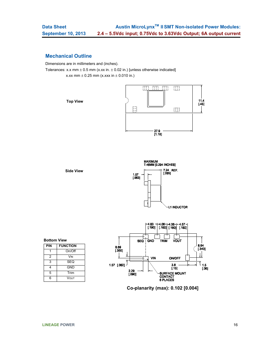 Mechanical outline | GE Industrial Solutions Austin Microlynx II SMT User Manual | Page 16 / 21