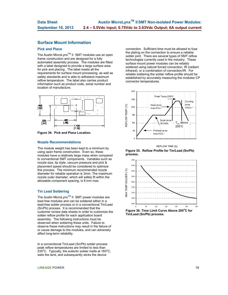 Surface mount information, Austin microlynx, Pick and place | Nozzle recommendations, Tin lead soldering | GE Industrial Solutions Austin Microlynx II SMT User Manual | Page 19 / 21