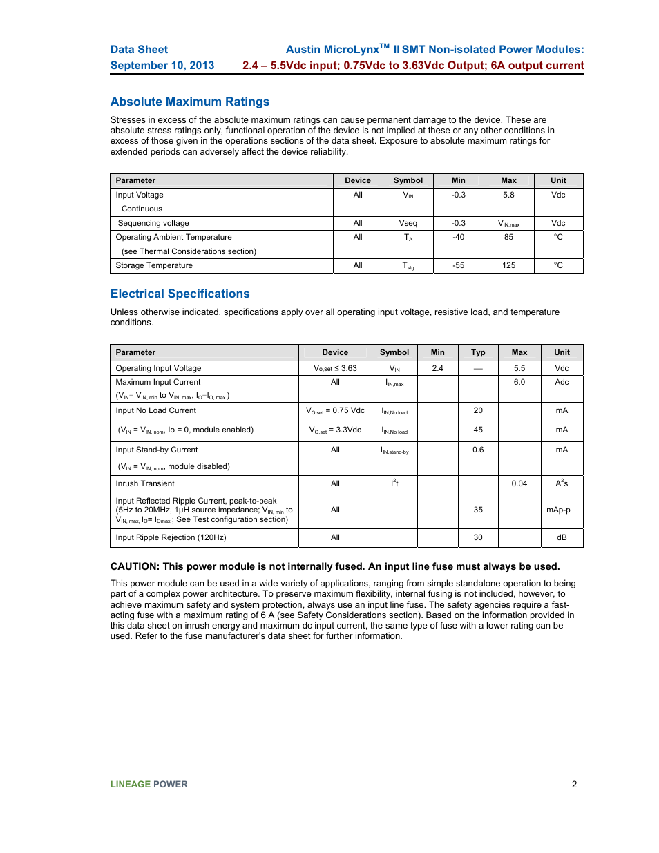 Absolute maximum ratings, Electrical specifications, Austin microlynx | GE Industrial Solutions Austin Microlynx II SMT User Manual | Page 2 / 21