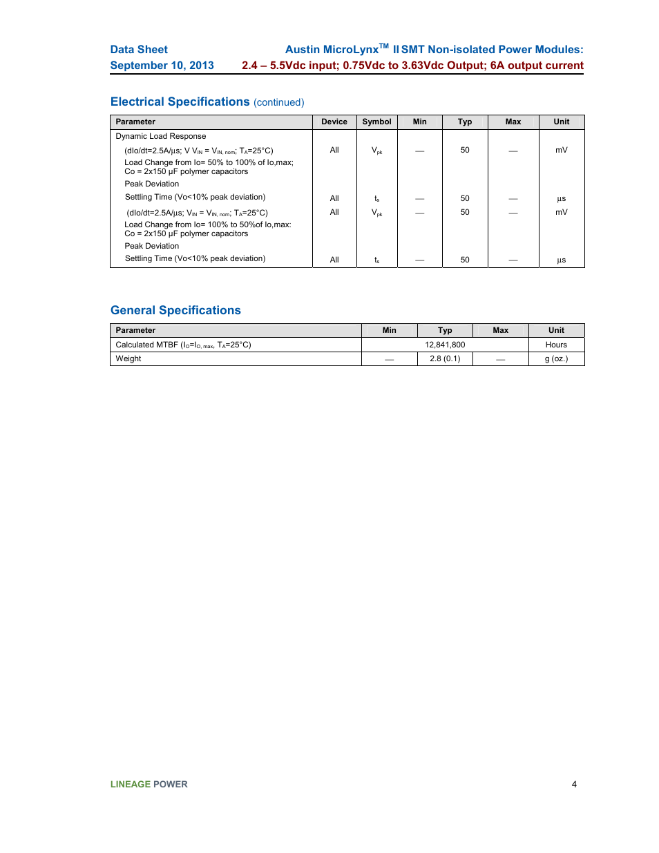 Electrical specifications, General specifications, Austin microlynx | GE Industrial Solutions Austin Microlynx II SMT User Manual | Page 4 / 21