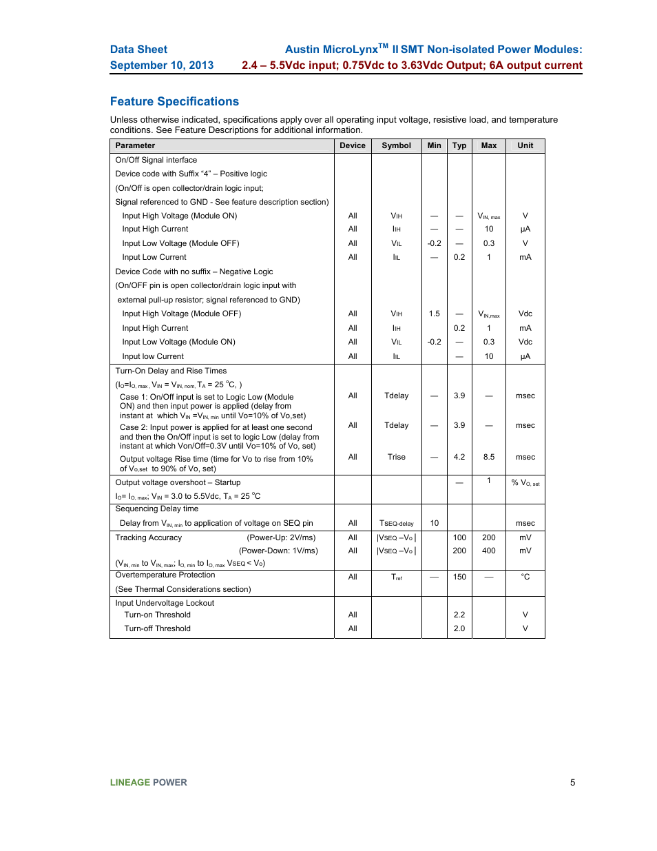 Feature specifications, Austin microlynx | GE Industrial Solutions Austin Microlynx II SMT User Manual | Page 5 / 21
