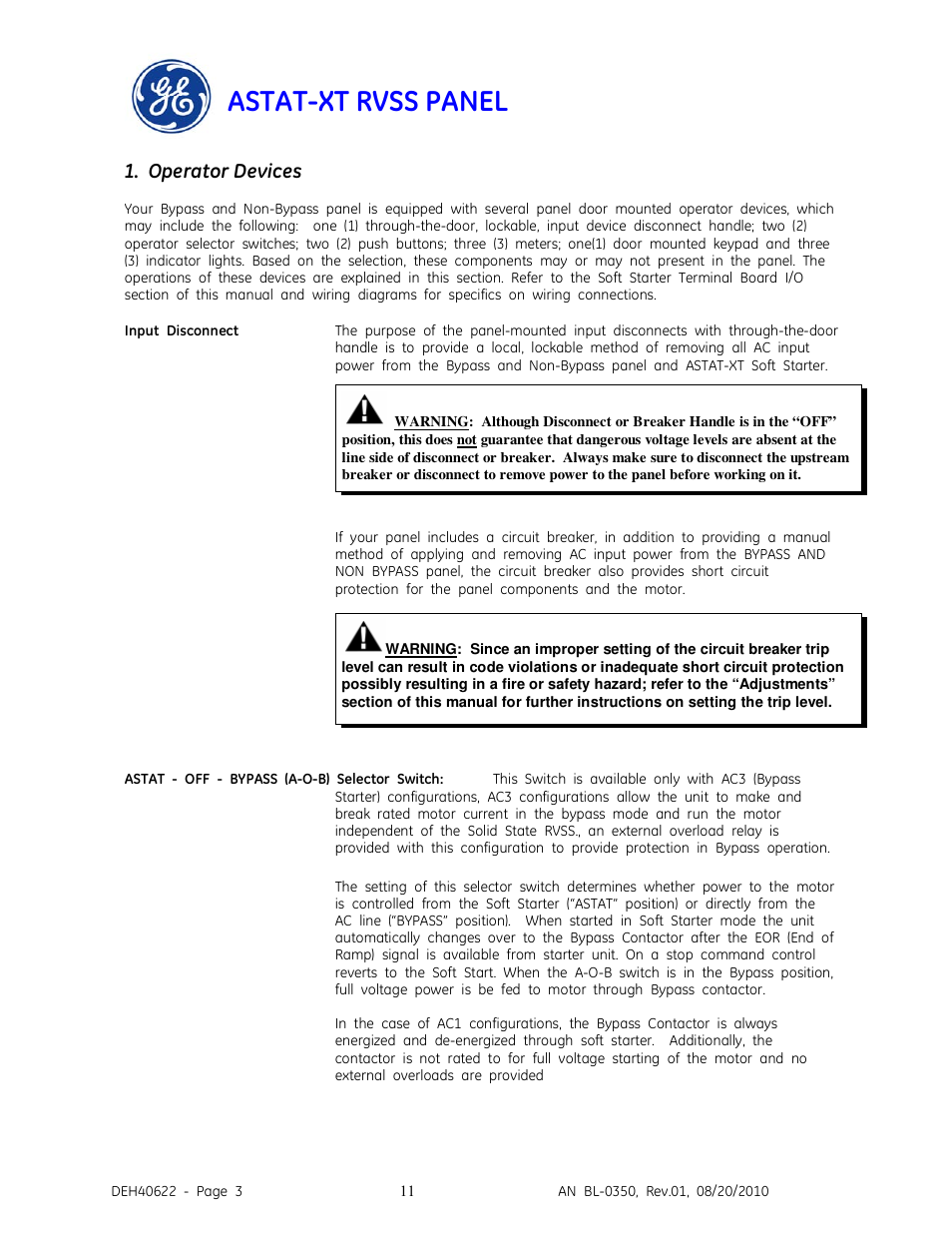 Astat-xt rvss panel, Operator devices | GE Industrial Solutions ASTAT-XT RVSS PANEL User Manual | Page 11 / 43