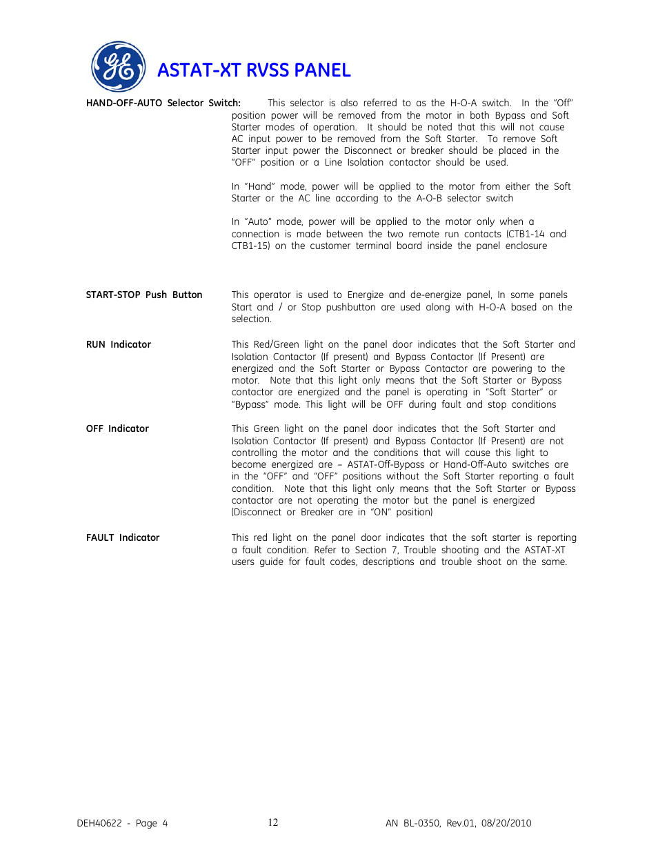 Astat-xt rvss panel | GE Industrial Solutions ASTAT-XT RVSS PANEL User Manual | Page 12 / 43