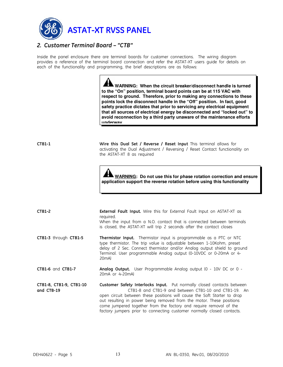 Astat-xt rvss panel, Customer terminal board – “ctb | GE Industrial Solutions ASTAT-XT RVSS PANEL User Manual | Page 13 / 43