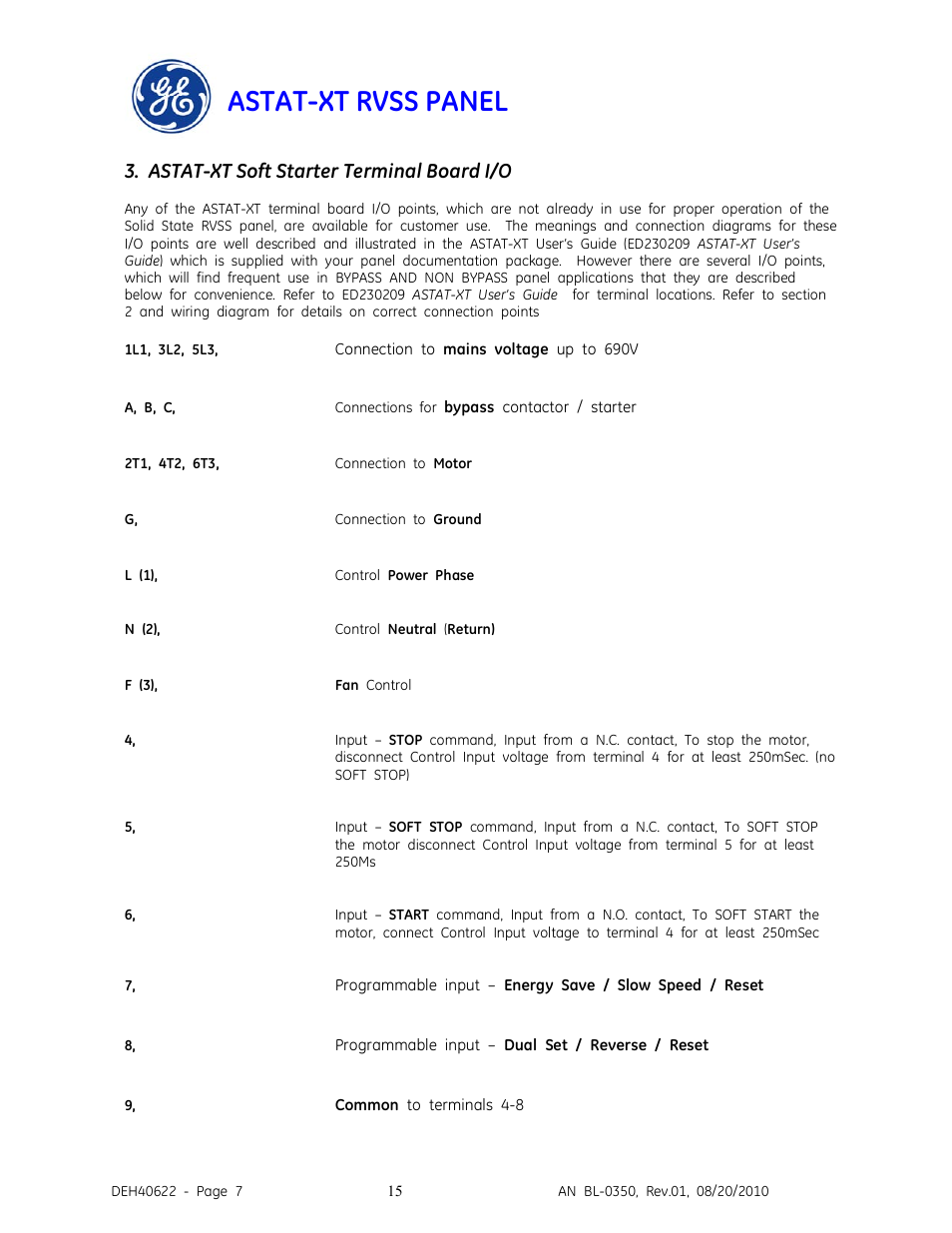 Astat-xt rvss panel, Astat-xt soft starter terminal board i/o | GE Industrial Solutions ASTAT-XT RVSS PANEL User Manual | Page 15 / 43