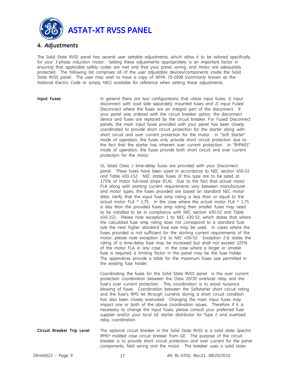 Astat-xt rvss panel, Adjustments | GE Industrial Solutions ASTAT-XT RVSS PANEL User Manual | Page 17 / 43