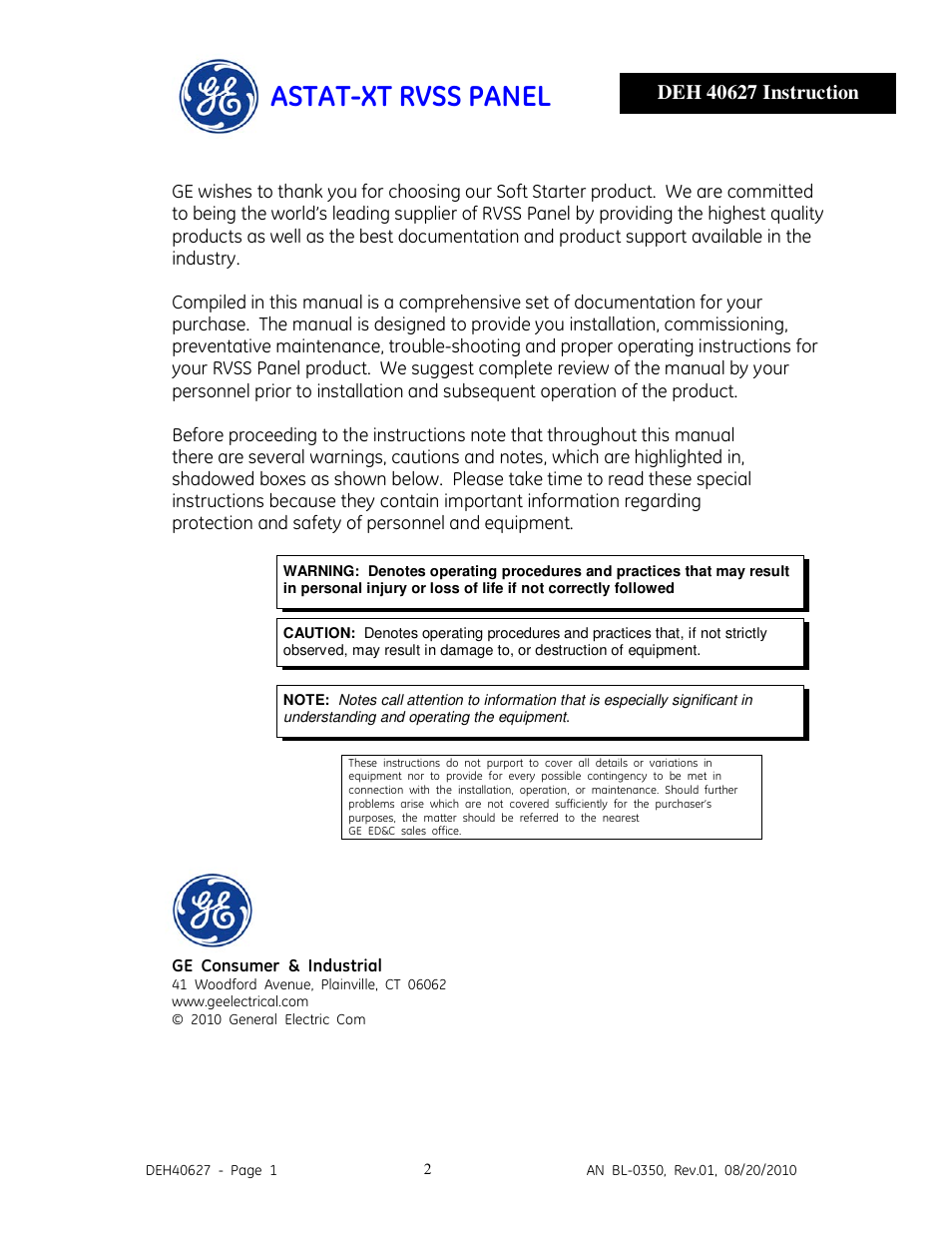 2_deh40627.pdf, Astat-xt rvss panel | GE Industrial Solutions ASTAT-XT RVSS PANEL User Manual | Page 2 / 43
