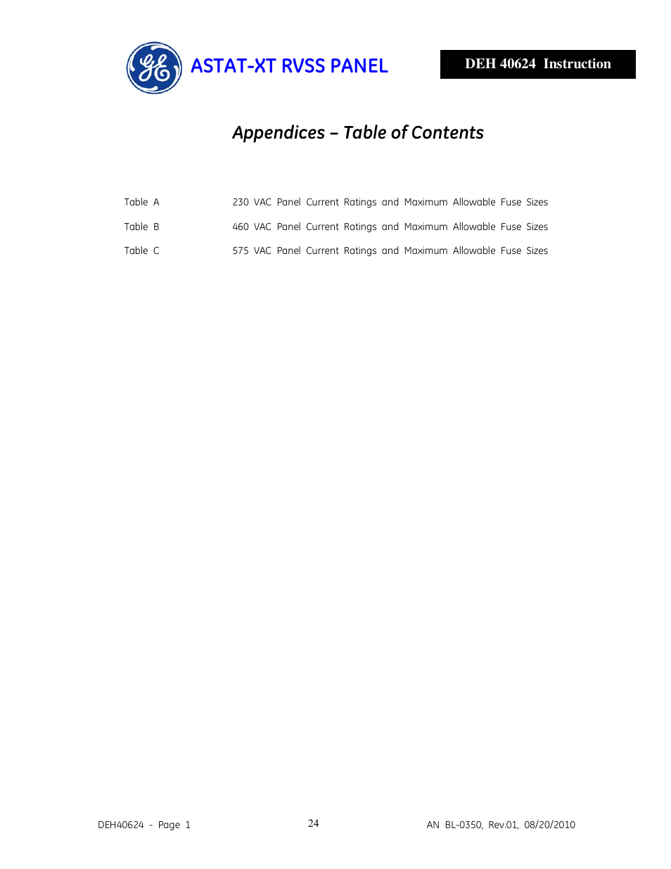6_deh40624.pdf, Astat-xt rvss panel, Appendices – table of contents | GE Industrial Solutions ASTAT-XT RVSS PANEL User Manual | Page 24 / 43