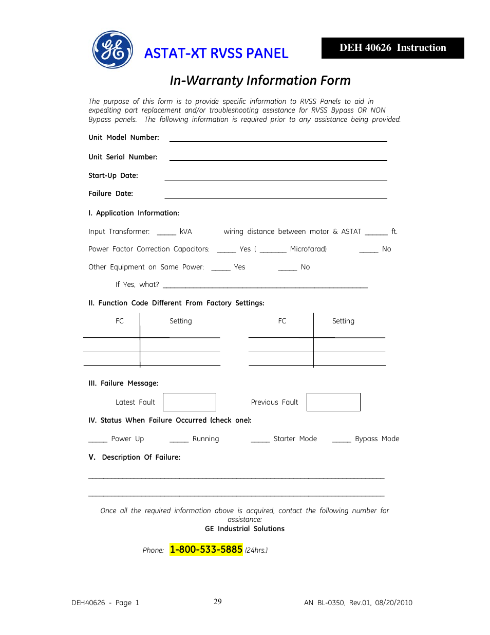 7_deh40626.pdf, Astat-xt rvss panel, In-warranty information form | GE Industrial Solutions ASTAT-XT RVSS PANEL User Manual | Page 29 / 43