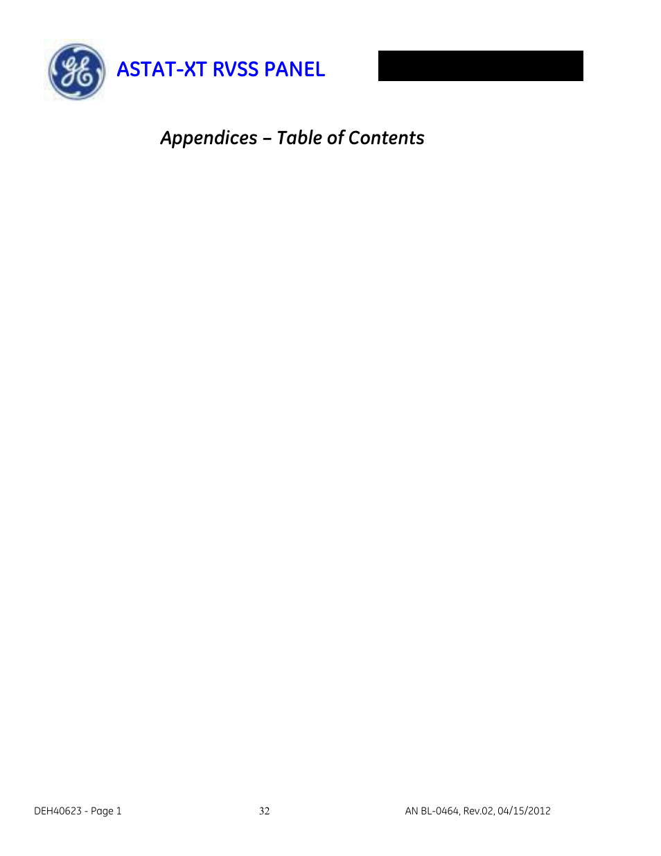 8_deh40623.pdf, Astat-xt rvss panel, Appendices – table of contents | GE Industrial Solutions ASTAT-XT RVSS PANEL User Manual | Page 32 / 43