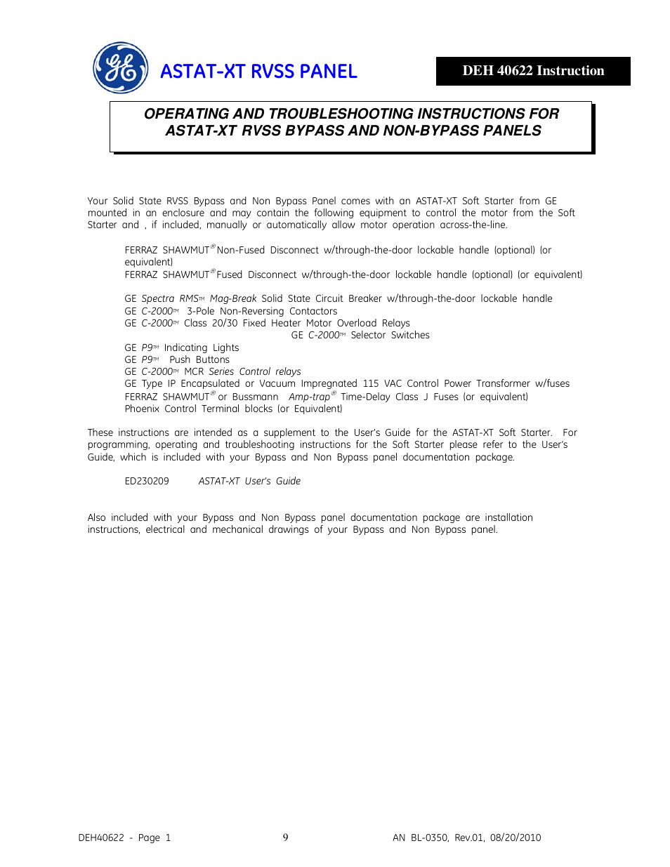 4_deh40622.pdf, Astat-xt rvss panel, Rvss bypass and non-bypass panels | GE Industrial Solutions ASTAT-XT RVSS PANEL User Manual | Page 9 / 43