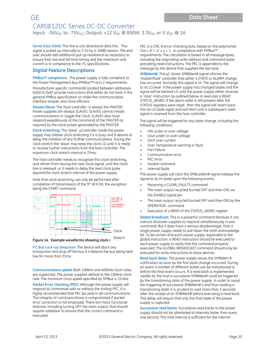 Car0812dc series dc-dc converter, Data sheet, Input: -36v | Output: +12 v, Or 5 v, Digital feature descriptions | GE Industrial Solutions CAR0812DC Series User Manual | Page 10 / 16