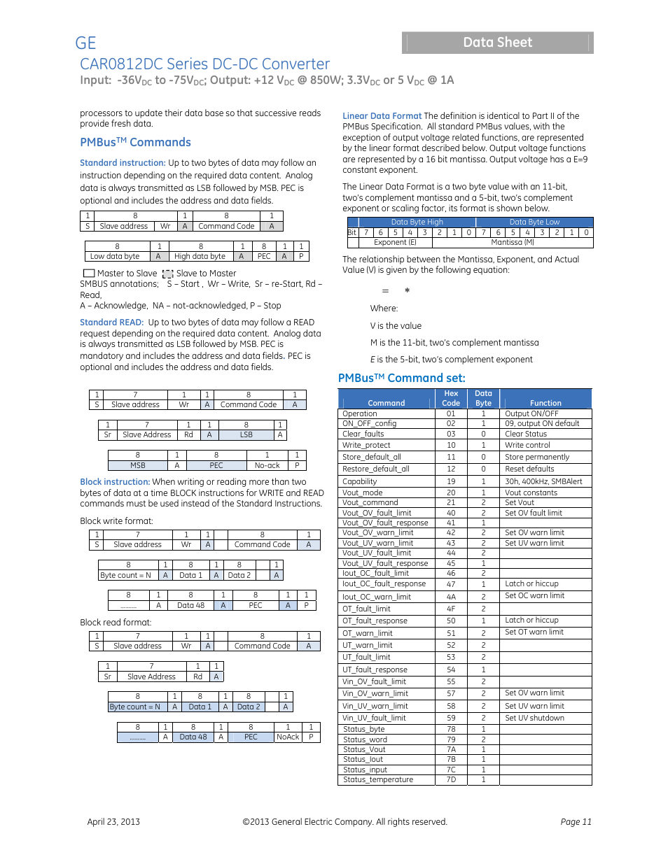 Car0812dc series dc-dc converter, Data sheet, Input: -36v | Output: +12 v, Or 5 v, Pmbus, Commands, Command set, Mv 2 | GE Industrial Solutions CAR0812DC Series User Manual | Page 11 / 16