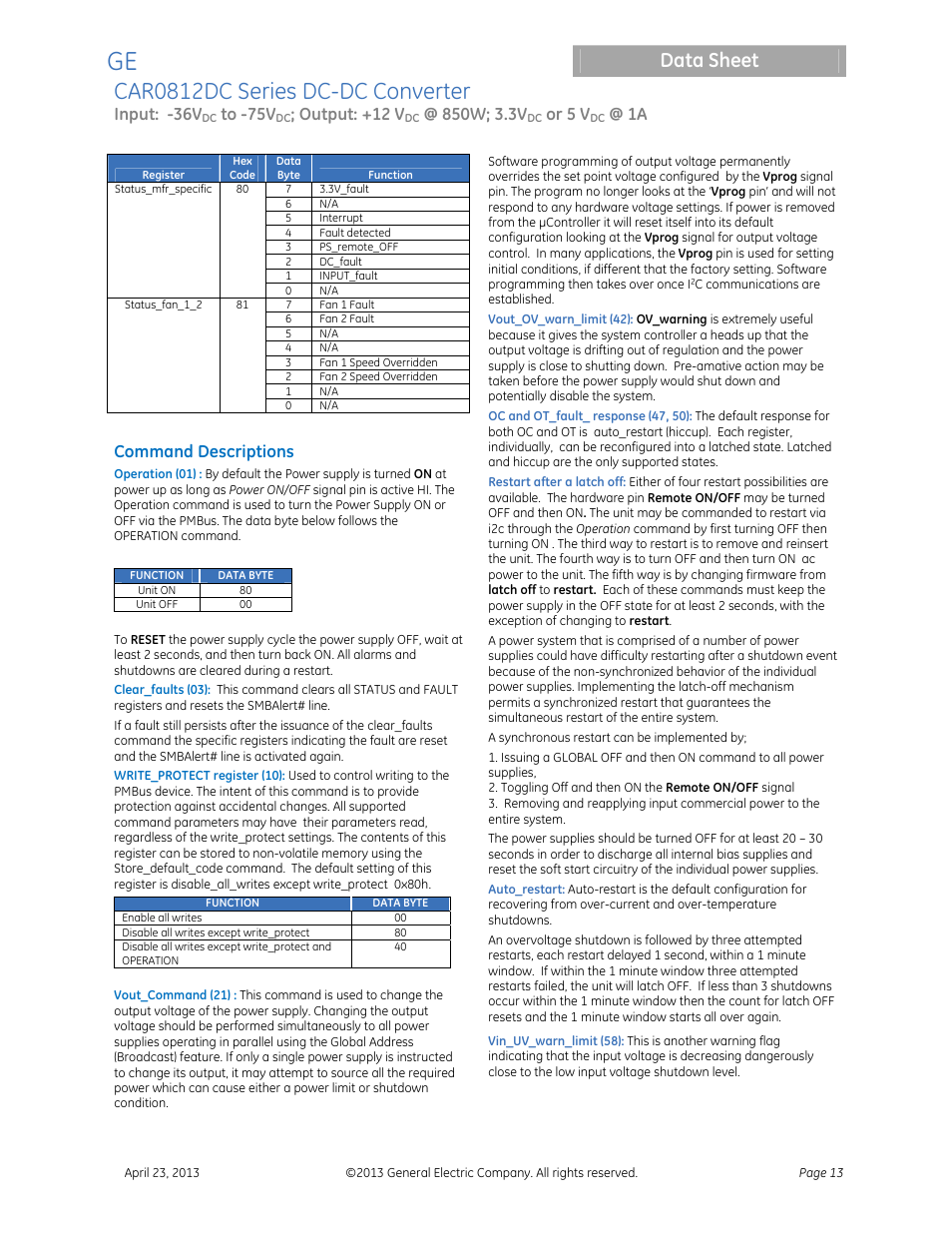 Car0812dc series dc-dc converter, Data sheet, Input: -36v | Output: +12 v, Or 5 v, Command descriptions | GE Industrial Solutions CAR0812DC Series User Manual | Page 13 / 16