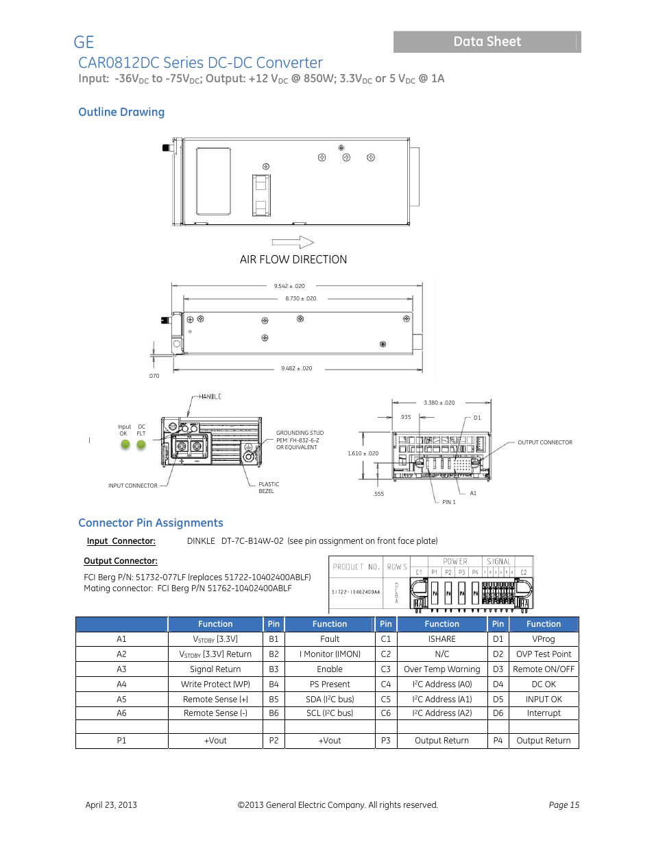 Car0812dc series dc-dc converter, Data sheet, Input: -36v | Output: +12 v, Or 5 v, Outline drawing, Connector pin assignments, Air flow direction | GE Industrial Solutions CAR0812DC Series User Manual | Page 15 / 16