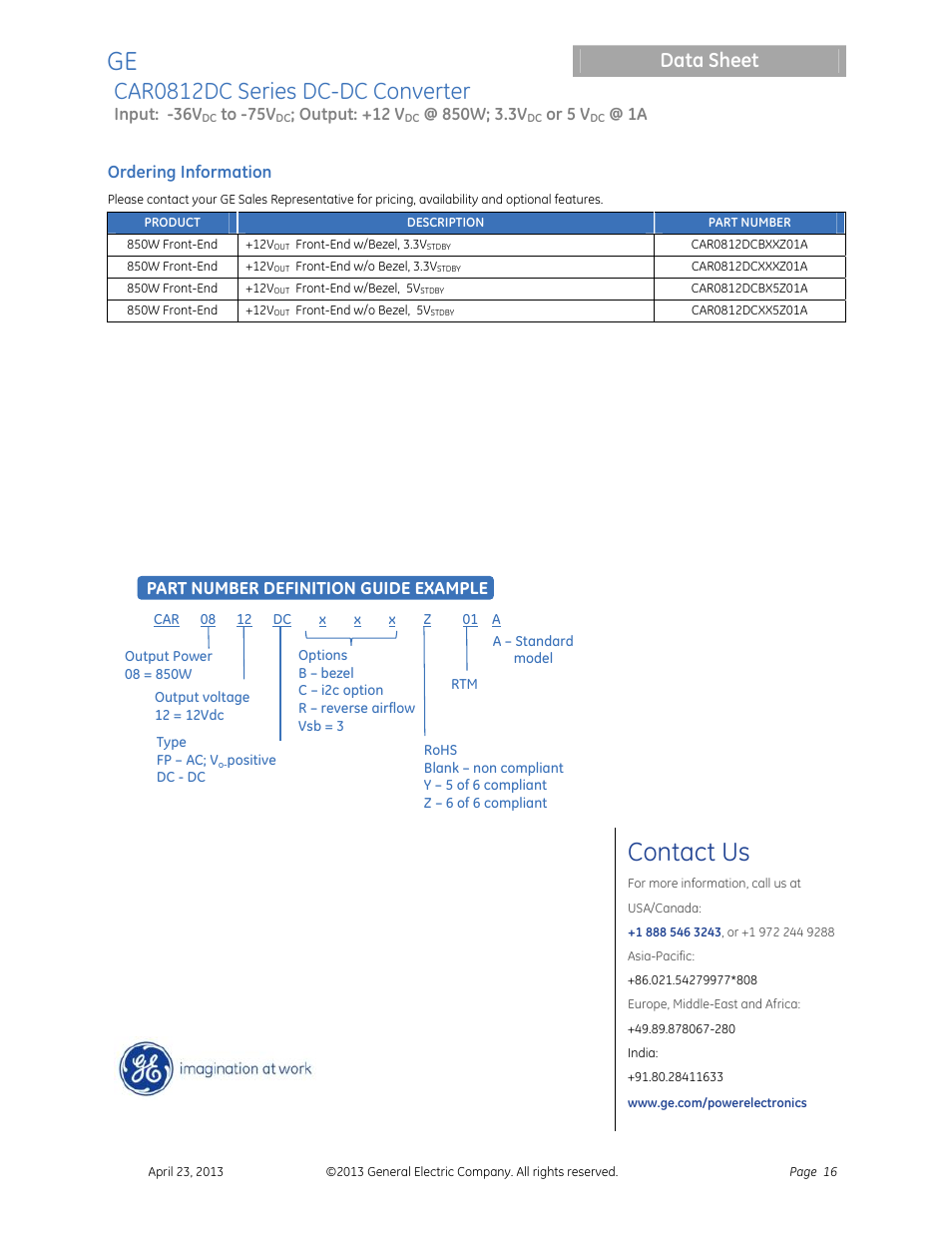 Contact us, Car0812dc series dc-dc converter, Data sheet | Input: -36v, Output: +12 v, Or 5 v, Ordering information, Part number definition guide example | GE Industrial Solutions CAR0812DC Series User Manual | Page 16 / 16