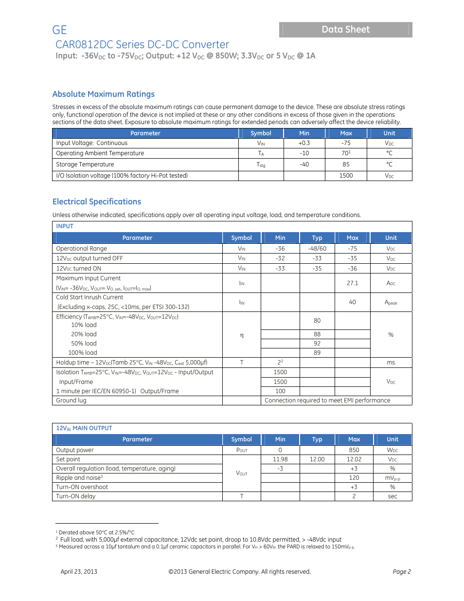 Car0812dc series dc-dc converter, Data sheet, Input: -36v | Output: +12 v, Or 5 v, Absolute maximum ratings, Electrical specifications | GE Industrial Solutions CAR0812DC Series User Manual | Page 2 / 16