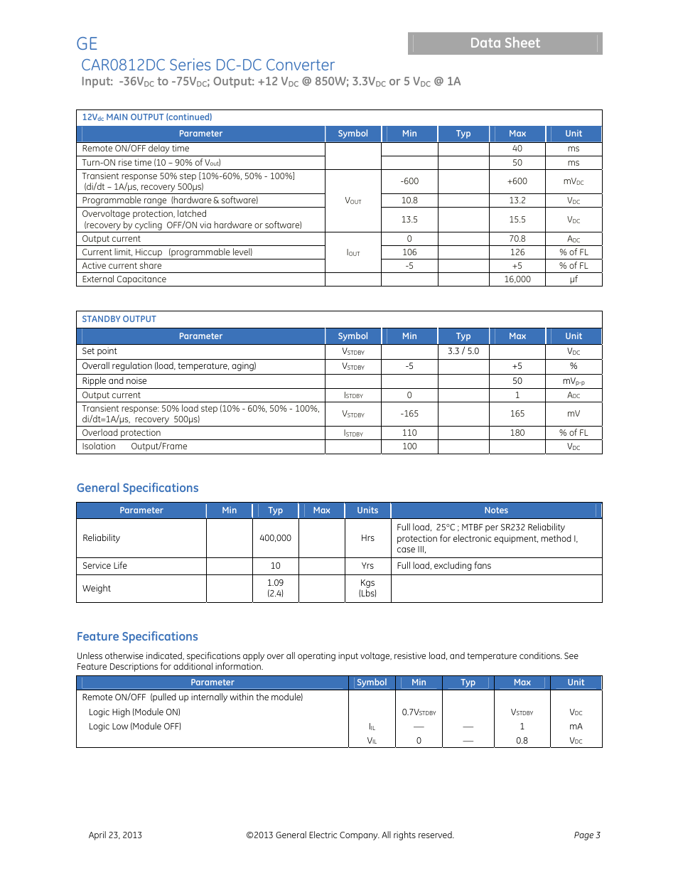 Car0812dc series dc-dc converter, Data sheet, Input: -36v | Output: +12 v, Or 5 v, General specifications, Feature specifications | GE Industrial Solutions CAR0812DC Series User Manual | Page 3 / 16