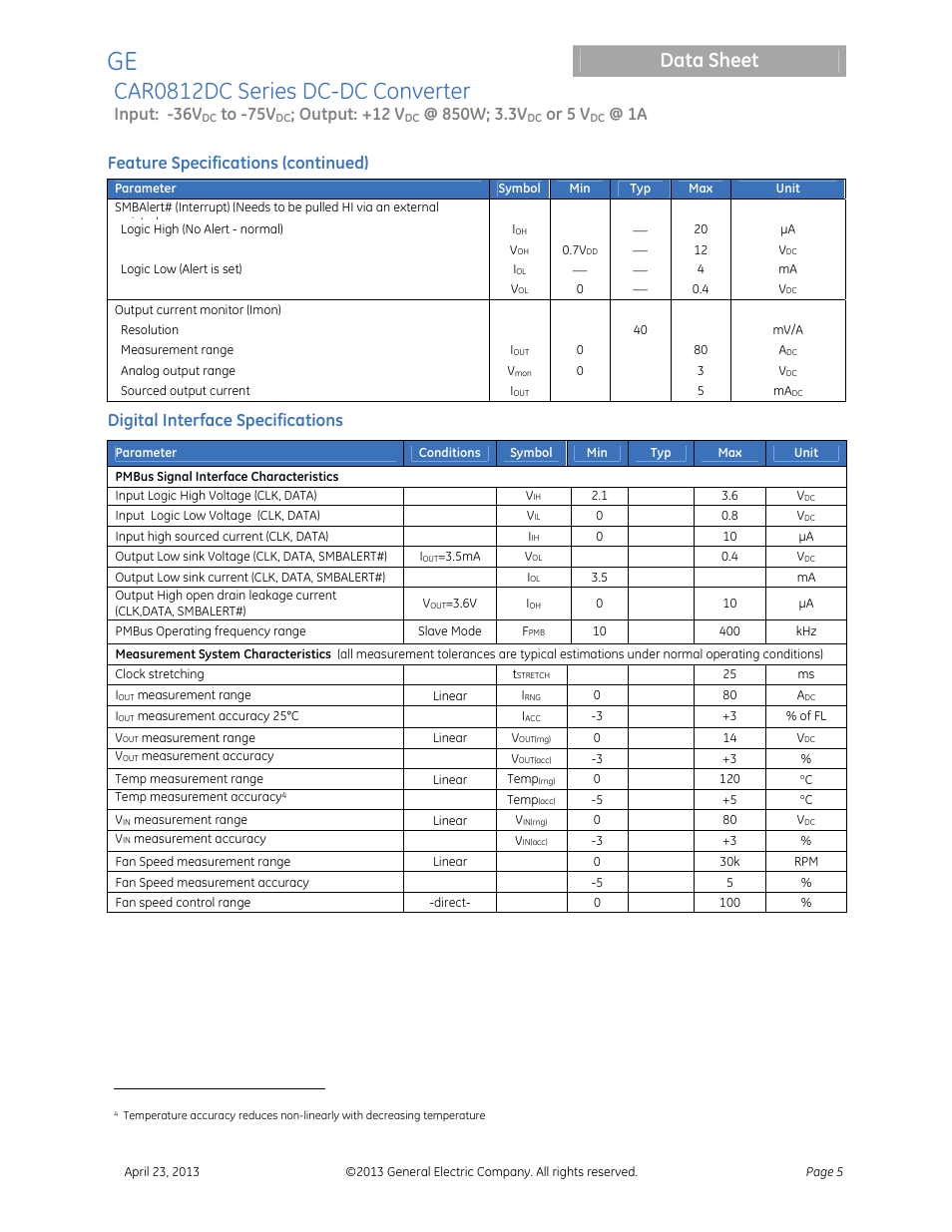 Car0812dc series dc-dc converter, Data sheet, Input: -36v | Output: +12 v, Or 5 v, Feature specifications (continued), Digital interface specifications | GE Industrial Solutions CAR0812DC Series User Manual | Page 5 / 16