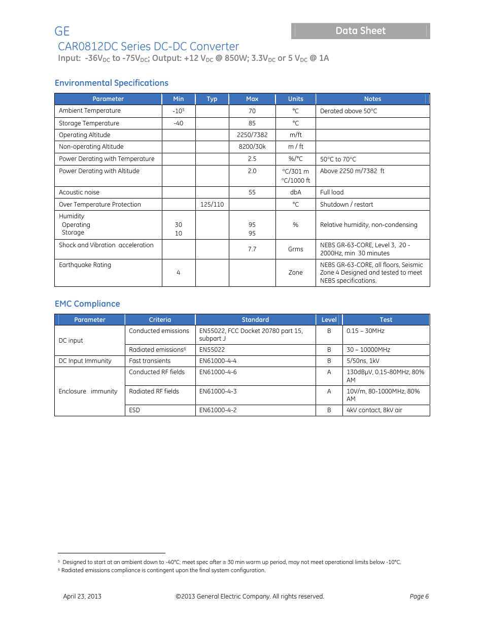 Car0812dc series dc-dc converter, Data sheet, Input: -36v | Output: +12 v, Or 5 v, Environmental specifications, Emc compliance | GE Industrial Solutions CAR0812DC Series User Manual | Page 6 / 16