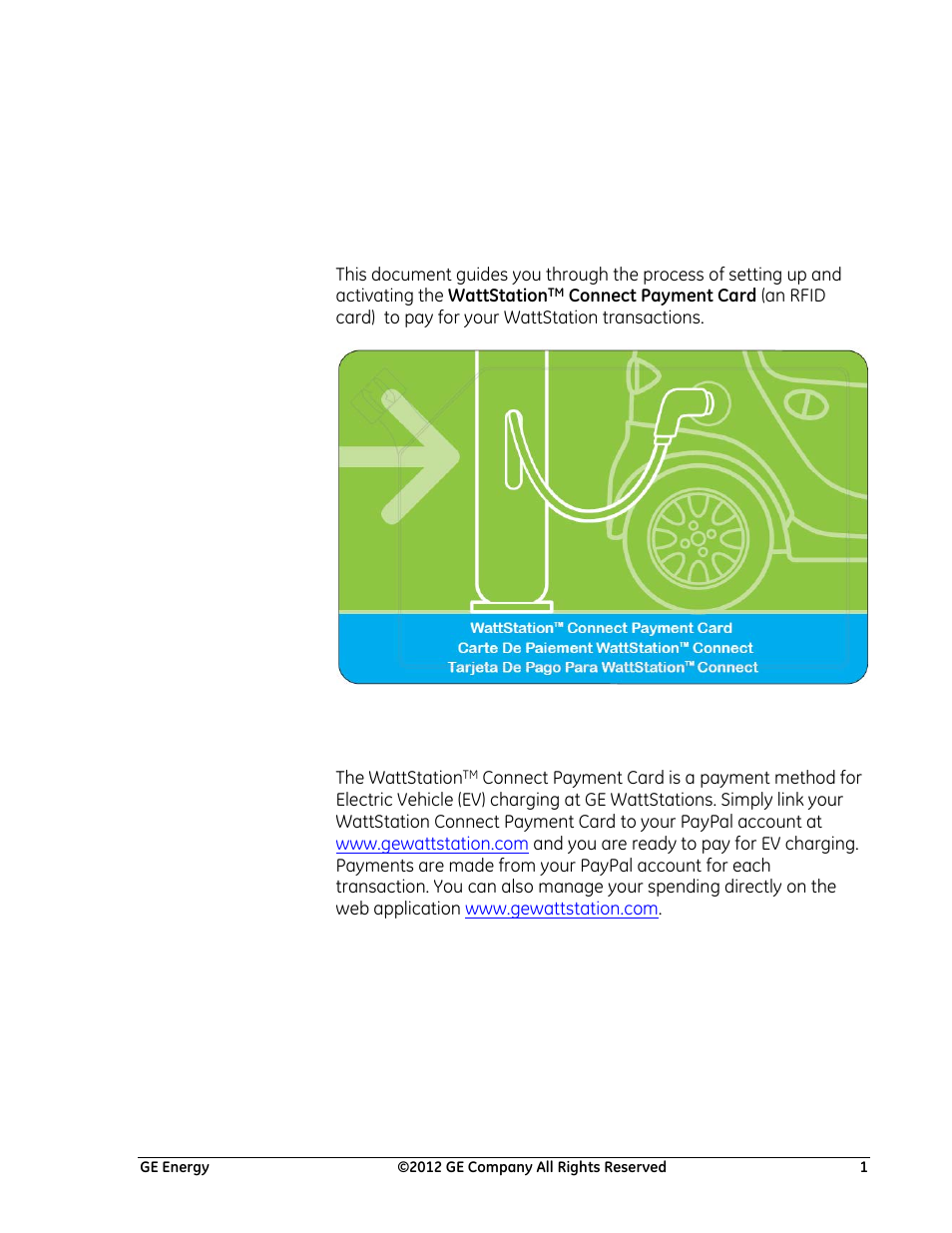 GE Industrial Solutions Using WattStation Connect Payment Cards User Manual | 6 pages